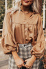 Brown Puff Sleeve Collared Pleated Babydoll Blouse