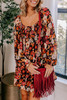 Multicolour Smocked High Waist Long Sleeve Floral Dress