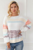 Multicolor Colorblock Striped Bishop Sleeve Fuzzy Sweater