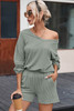 Grass Green Corded V Neck Slouchy Top Pocketed Shorts Set