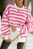 Bright Pink Oversized Striped Bishop Sleeve Pullover Sweatshirt