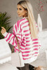 Bright Pink Oversized Striped Bishop Sleeve Pullover Sweatshirt