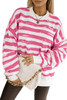 Bright Pink Oversized Striped Bishop Sleeve Pullover Sweatshirt