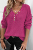 Rose Red Pointelle Knit Button V Neck Drop Shoulder Sweater