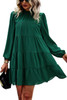 Green Puff Sleeve Mock Neck Back Knot Tiered Dress