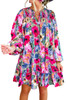 Multicolour Floral Tie Neck Bubble Sleeve Shift Dress