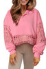 Pink Hollowed Lace Splicing Cropped Sweatshirt