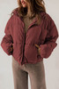 Burgundy Zip Up Drawstring Hem Puffer Coat