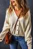 Beige Plain Knitted Buttoned V Neck Cardigan