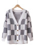 Gray Contrast Checkered Print Button Up Sweater Cardigan