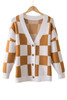 Brown Contrast Checkered Print Button Up Sweater Cardigan