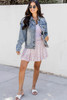 Sky Blue Pearl Beaded Chest Pockets Buttoned Denim Jacket