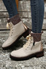 Beige Knitted Patched Lace-up Heeled Ankle Boots