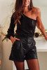 Black Frilled High Waist A-line Faux Leather Shorts