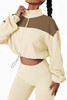 Beige Color Block Drawstring Cropped Athleisure Jacket