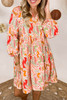 Multicolour Split Neck Puff Sleeve Flowy Printed Dress