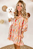 Multicolour Split Neck Puff Sleeve Flowy Printed Dress