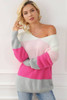 Striped Color Block Fuzzy V Neck Sweater