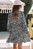 Blue Leopard Print Bubble Sleeve Ruffled Shirt Dress