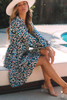 Blue Leopard Print Bubble Sleeve Ruffled Shirt Dress