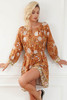 Camel 3/4 Sleeve Tie Waist Pleated Short Boho Floral Dress