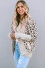 Khaki Fuzzy Leopard Ribbed Trim Lapel Collar Cardigan