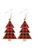 Fiery Red Plaid Christmas Tree Wooden Pendant Earrings