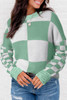 Mint Green Checkered Print Drop Shoulder Sweater