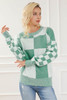 Mint Green Checkered Print Drop Shoulder Sweater