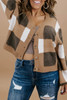 Brown Checkered Knit Ribbed Trim Buttoned Plus Cardigan