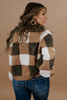 Brown Checkered Knit Ribbed Trim Buttoned Plus Cardigan