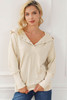 Apricot Half Buttoned Ribbed Trim Loose Fit Pullover Hoodie