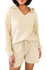 Beige Quilted V Neck Hoodie Drawstring Shorts Set