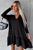 Black Split Neck Long Sleeve Ruffled Loose Dress