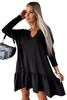 Black Split Neck Long Sleeve Ruffled Loose Dress