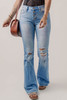 Beau Blue High Waist Button Front Ripped Flare Jeans