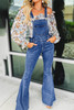 Dark Blue Adjustable Buckle Strap Flare Leg Denim Overalls