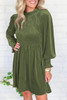 Moss Green Frilled Neck Smocked Bodice Velvet Dress