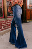 Sky Blue Button Fly Ripped High Waist Flare Jeans