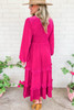 Rose Red Shirred V Neck Long Sleeve Velvet Dress