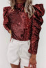 Burgundy Sequin Mock Neck Bubble Sleeve Top