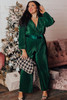 Dark Green Plus Size Pleated Satin Belted V Neck Jumpsuit