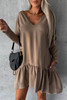 Chestnut Split Neck Long Sleeve Ruffled Loose Dress