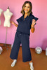 Navy Blue Textured Flutter Sleeve Top Wide Leg Pants Set