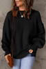 Black Solid Color Puffy Sleeve Pocketed Sweater