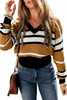 Brown Stripe Contrast Stripes V Neck Textured Knit Sweater