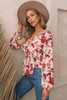 Multicolour Floral Frilled V Neck Drawstring Peplum Blouse