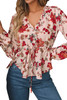 Multicolour Floral Frilled V Neck Drawstring Peplum Blouse