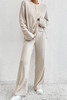 Beige Ribbed Drop Shoulder Henley Top Wide Leg Pants Set