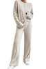 Beige Ribbed Drop Shoulder Henley Top Wide Leg Pants Set